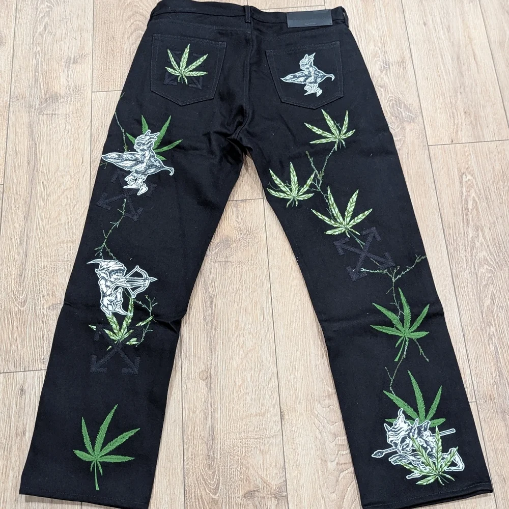 $2840 Mens OFF-WHITE Leaf Embroidered Logo Skate Fit Jeans Black 32 - Picture 5 of 12
